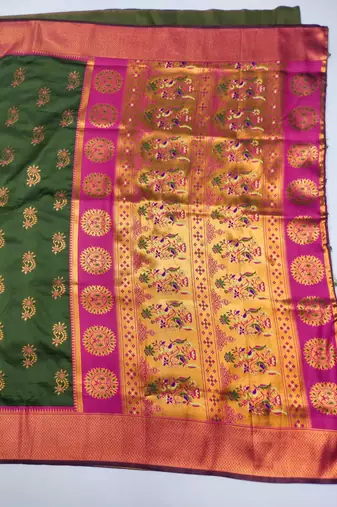 Olive woven silk blend banarasi paithani saree with blouse
