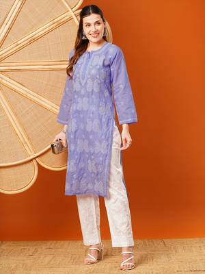 Hand embroidered mauve cotton lucknowi chikankari straight kurta 1