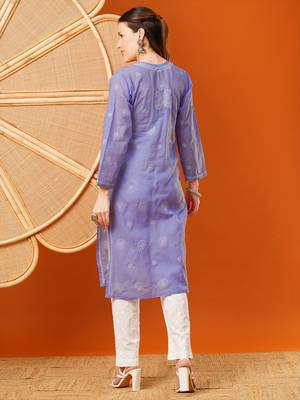 Hand embroidered mauve cotton lucknowi chikankari straight kurta 2