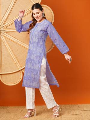 Hand embroidered mauve cotton lucknowi chikankari straight kurta 3