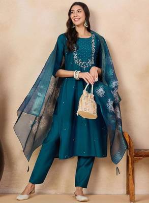 Aqua blue color rayon slub fabric embroidery work kurta set with chanderi jaquard dupatta 1