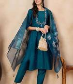 Aqua blue color rayon slub fabric embroidery work kurta set with chanderi jaquard dupatta