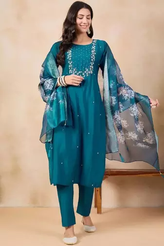 Aqua blue color rayon slub fabric embroidery work kurta set with chanderi jaquard dupatta