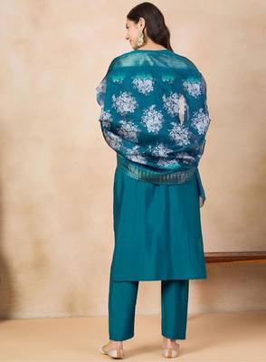 Aqua blue color rayon slub fabric embroidery work kurta set with chanderi jaquard dupatta 3