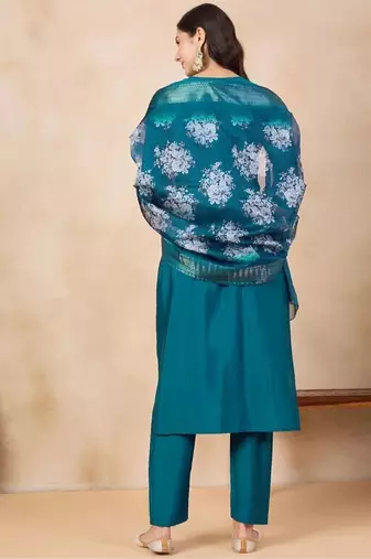 Aqua blue color rayon slub fabric embroidery work kurta set with chanderi jaquard dupatta