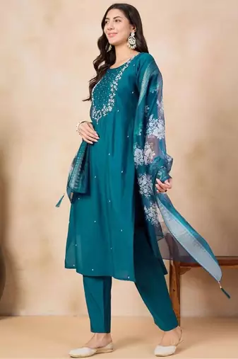 Aqua blue color rayon slub fabric embroidery work kurta set with chanderi jaquard dupatta