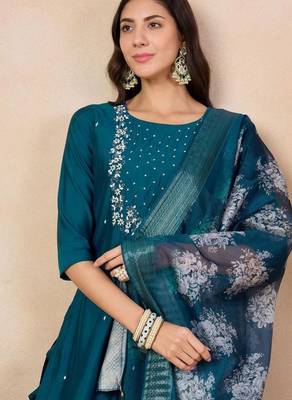 Aqua blue color rayon slub fabric embroidery work kurta set with chanderi jaquard dupatta 5