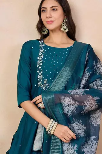 Aqua blue color rayon slub fabric embroidery work kurta set with chanderi jaquard dupatta