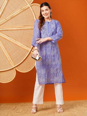 Hand embroidered mauve cotton lucknowi chikankari straight kurta 4