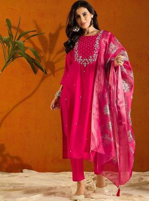 Pink color rayon slub fabric embroidery work kurta set with chanderi jaquard dupatta 1