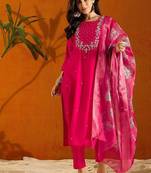 Pink color rayon slub fabric embroidery work kurta set with chanderi jaquard dupatta