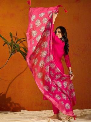 Pink color rayon slub fabric embroidery work kurta set with chanderi jaquard dupatta 2