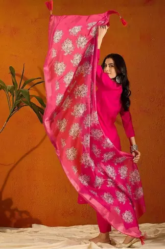 Pink color rayon slub fabric embroidery work kurta set with chanderi jaquard dupatta