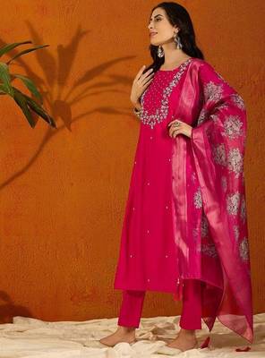 Pink color rayon slub fabric embroidery work kurta set with chanderi jaquard dupatta 3