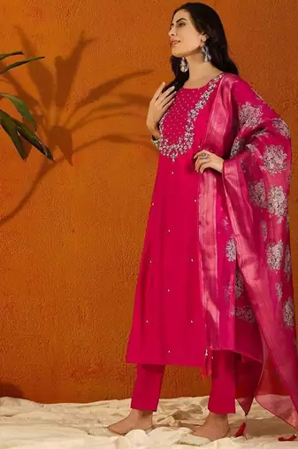 Pink color rayon slub fabric embroidery work kurta set with chanderi jaquard dupatta