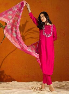 Pink color rayon slub fabric embroidery work kurta set with chanderi jaquard dupatta 4
