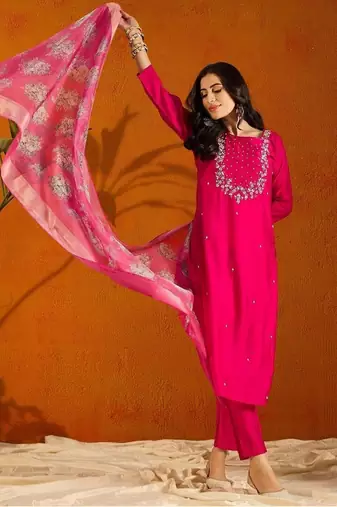 Pink color rayon slub fabric embroidery work kurta set with chanderi jaquard dupatta