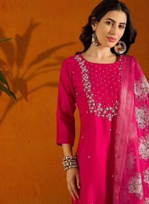 Pink color rayon slub fabric embroidery work kurta set with chanderi jaquard dupatta 5