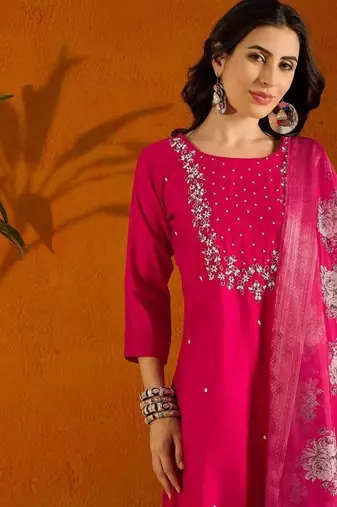 Pink color rayon slub fabric embroidery work kurta set with chanderi jaquard dupatta