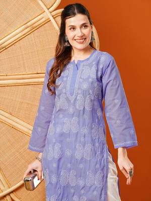 Hand embroidered mauve cotton lucknowi chikankari straight kurta 5