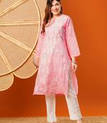 Hand embroidered pink cotton lucknowi chikankari straight kurta