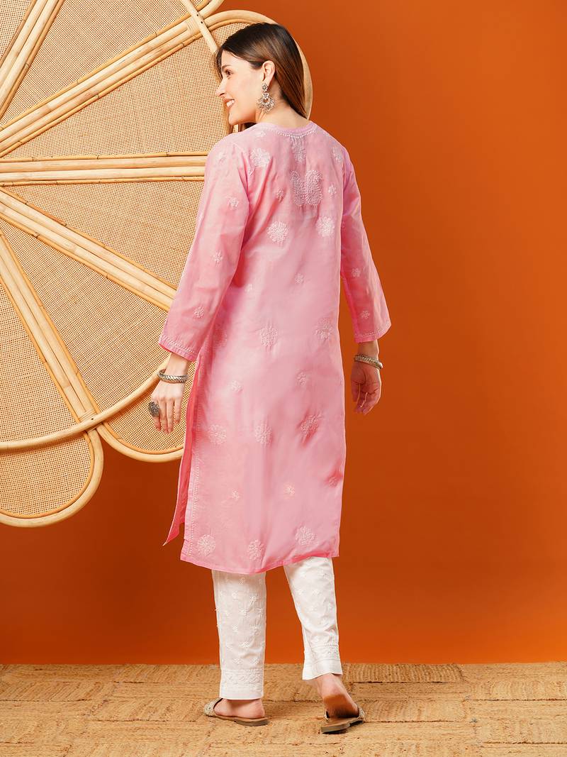 Hand embroidered pink cotton lucknowi chikankari straight kurta