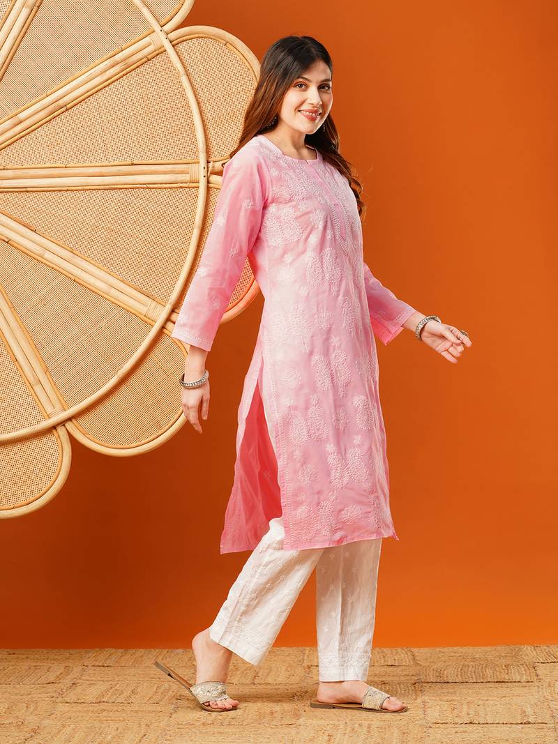 Hand embroidered pink cotton lucknowi chikankari straight kurta