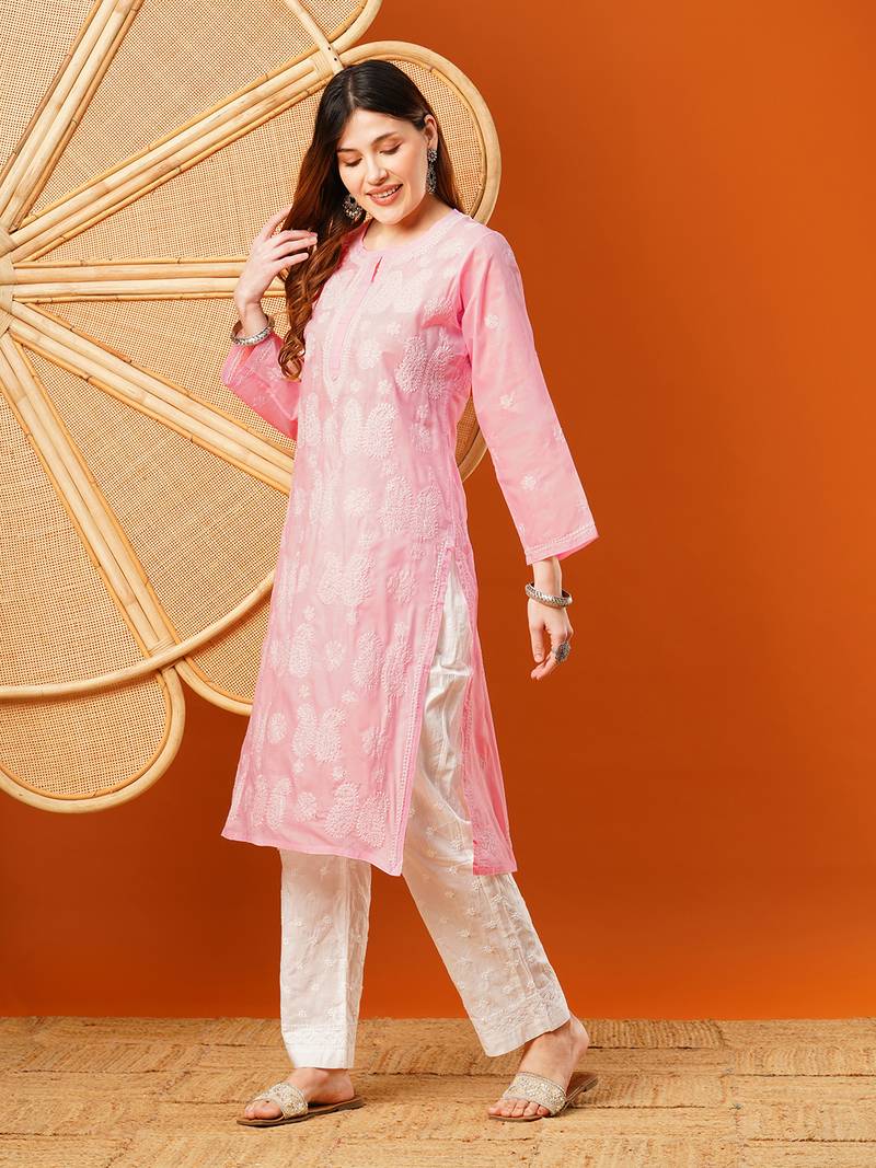Hand embroidered pink cotton lucknowi chikankari straight kurta