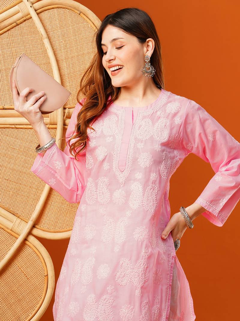 Hand embroidered pink cotton lucknowi chikankari straight kurta