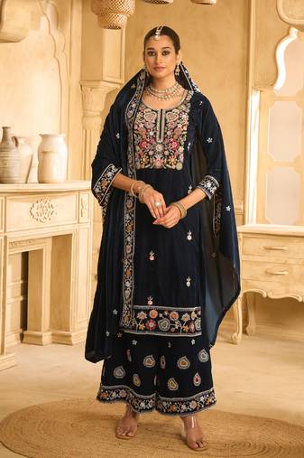 hand worked nevy blue velvet salwar suit for women