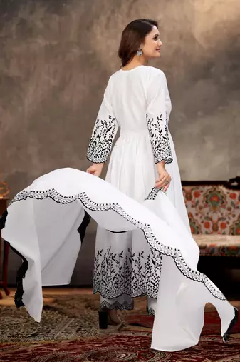 Designer traditional cambric cotton fabric white color heavy embroidery kurta set with dupatta