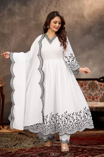 Designer traditional cambric cotton fabric white color heavy embroidery kurta set with dupatta