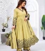 Designer traditional cambric cotton fabric light green color heavy embroidery kurta set with dupatta