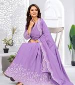 Designer traditional cambric cotton fabric lavender color heavy embroidery kurta set with dupatta