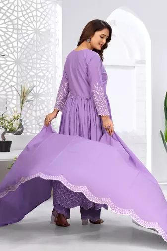 Designer traditional cambric cotton fabric lavender color heavy embroidery kurta set with dupatta