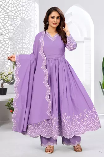 Designer traditional cambric cotton fabric lavender color heavy embroidery kurta set with dupatta