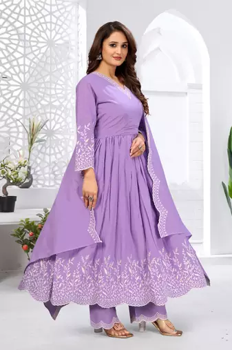 Designer traditional cambric cotton fabric lavender color heavy embroidery kurta set with dupatta