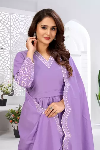Designer traditional cambric cotton fabric lavender color heavy embroidery kurta set with dupatta