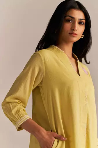 Popcorn yellow embroidered kurta set