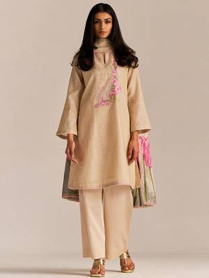 Beige and pink woven kurta set 1