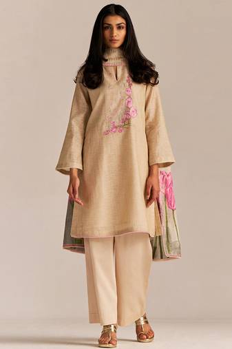 Beige and pink woven kurta set