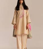 Beige and pink woven kurta set