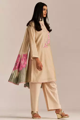 Beige and pink woven kurta set