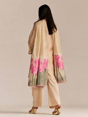 Beige and pink woven kurta set 3