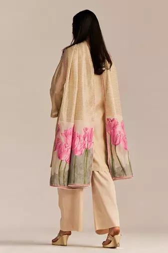 Beige and pink woven kurta set