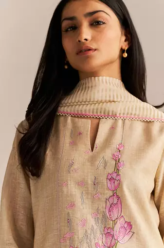 Beige and pink woven kurta set