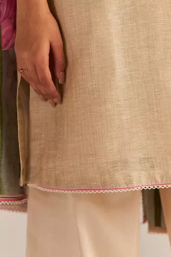 Beige and pink woven kurta set