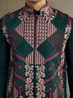 Green viscose silk thread swarovski embroidered work with kurta & koti 7