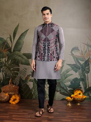 Grey viscose silk thread swarovski embroidered work with  kurta & koti 6
