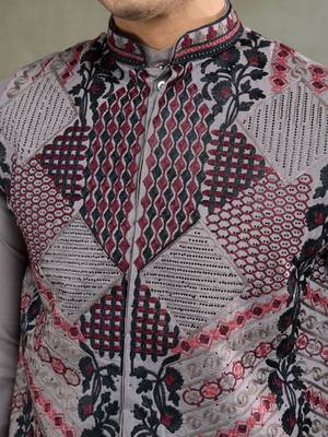 Grey viscose silk thread swarovski embroidered work with  kurta & koti 7